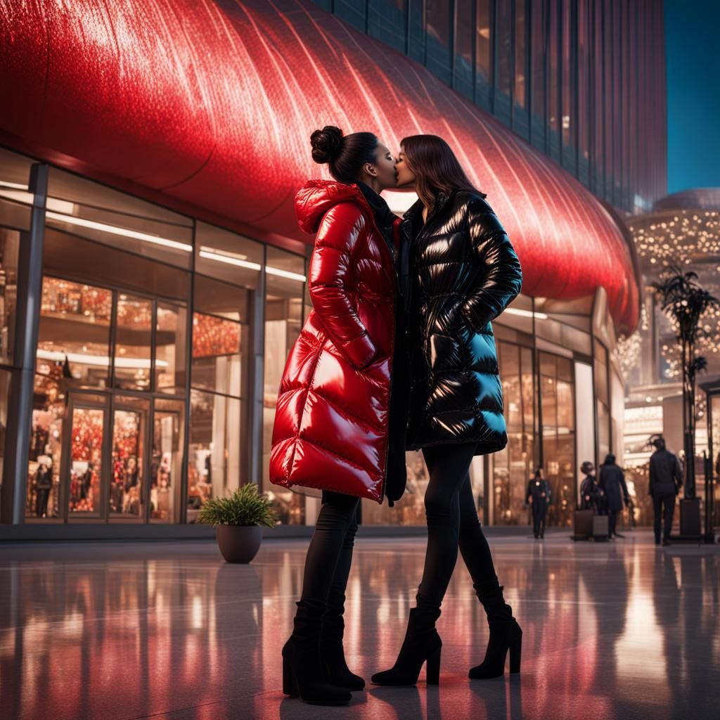 Two Women Kissing in Shiny PVC Coats