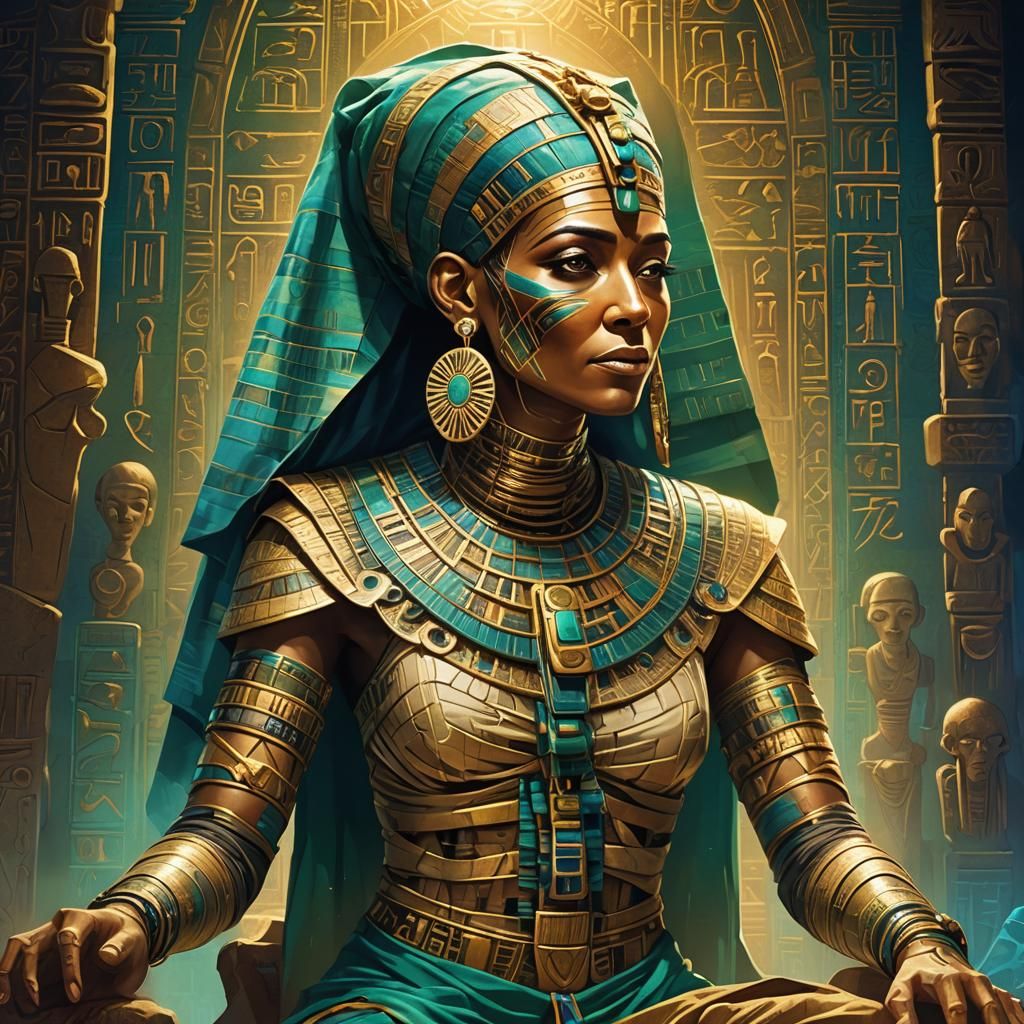 Ornate Mummy Listens to Music in Tomb