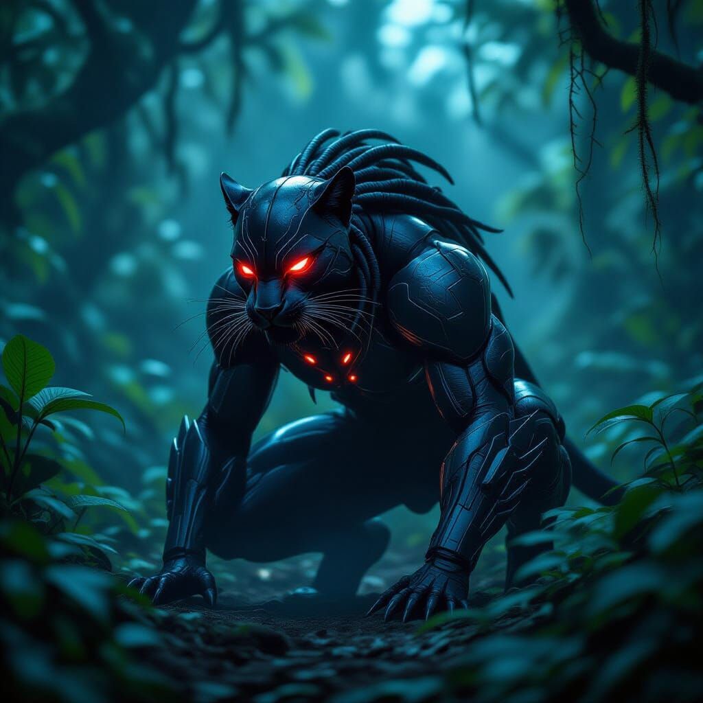 Biomechanical Panther Predator in Bioluminescent Jungle