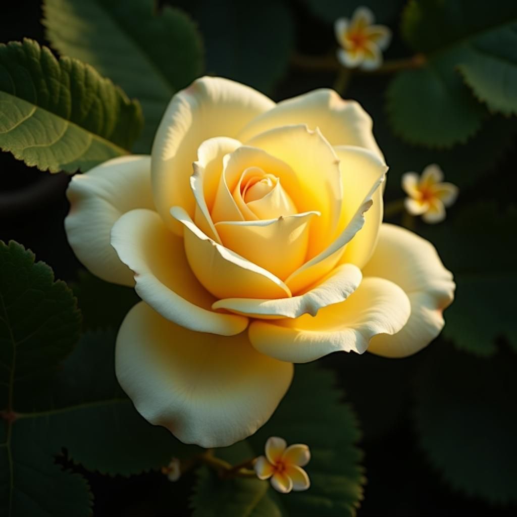 Light Yellow Rose Surrounded by Fig Leaves