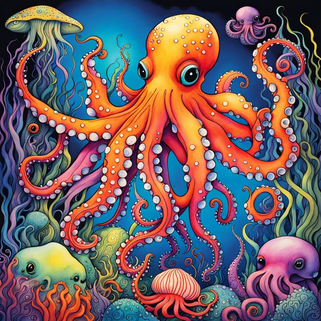 Whimsical Octopuses in UV-Reactive Black Light Art