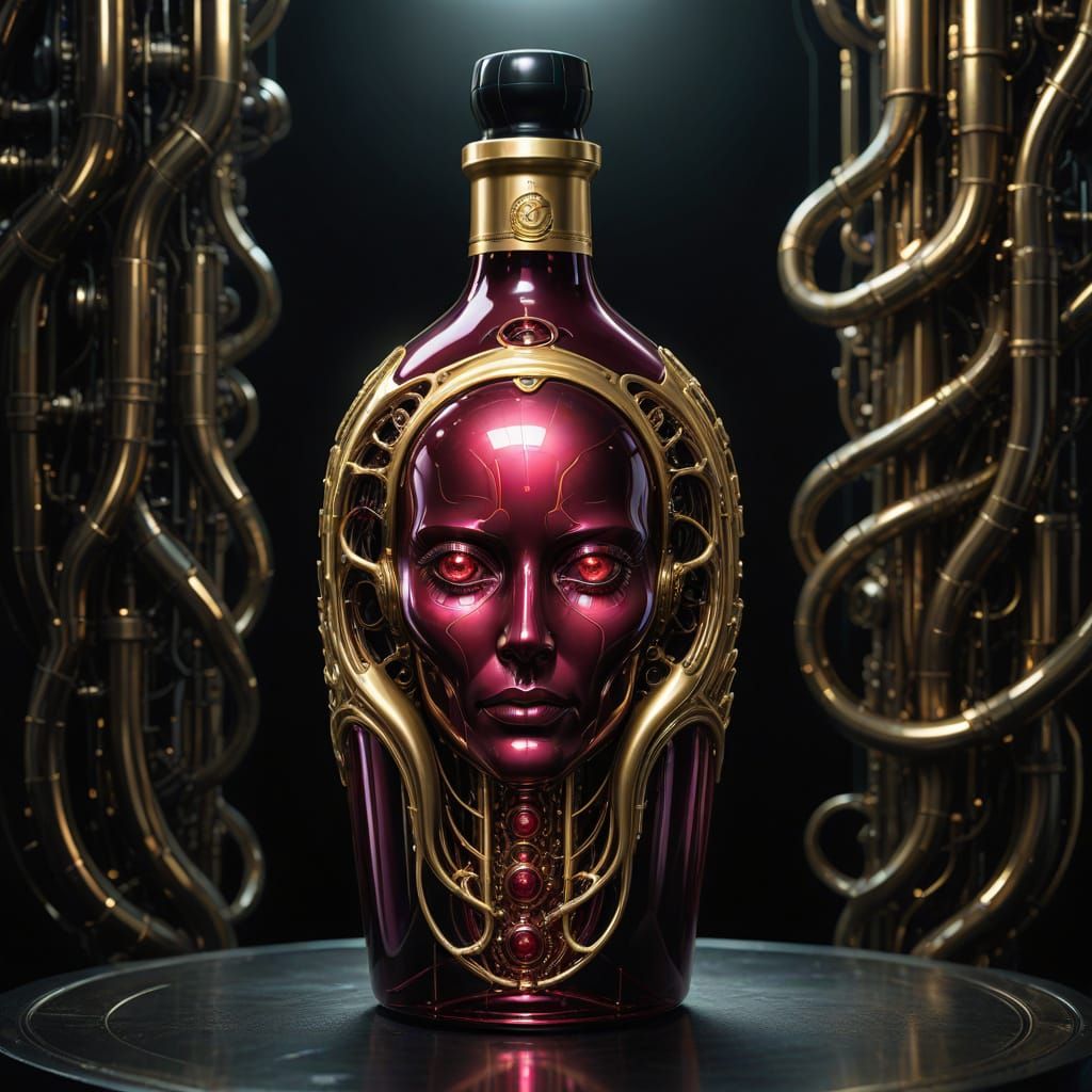 Ethereal Biomechanical Ruby-Gold Bottle in Dark Futuristic S...