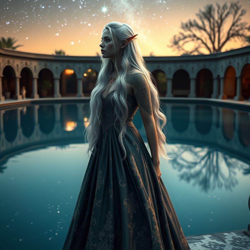 Elven Maiden Stargazing in Hyperrealistic Style