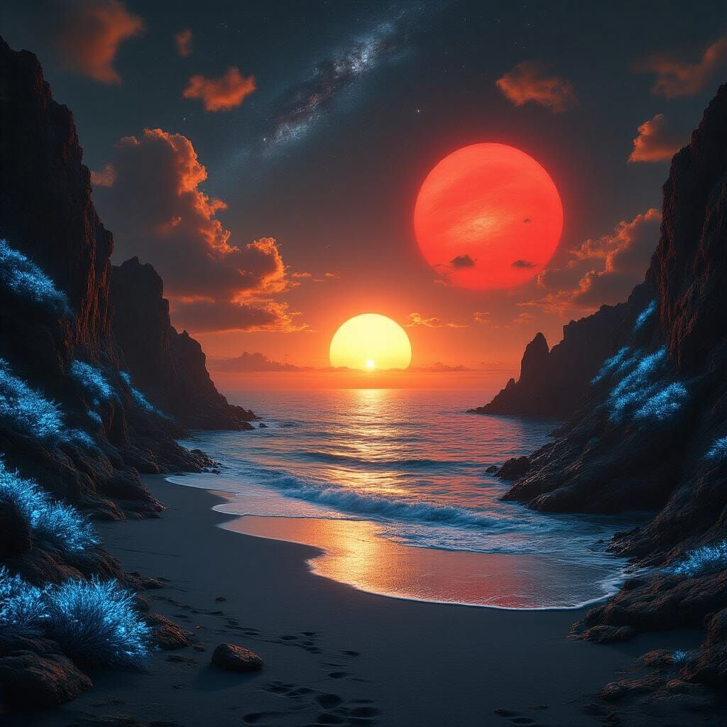 Alien Seashore Sunset with Asteroid Belt