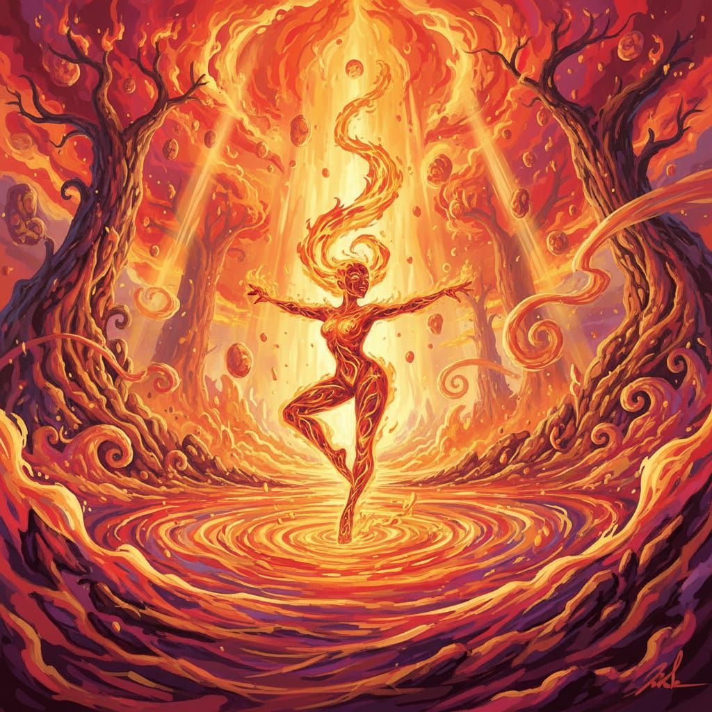 Humanoid Fire Dancer In Molten Lava Sea