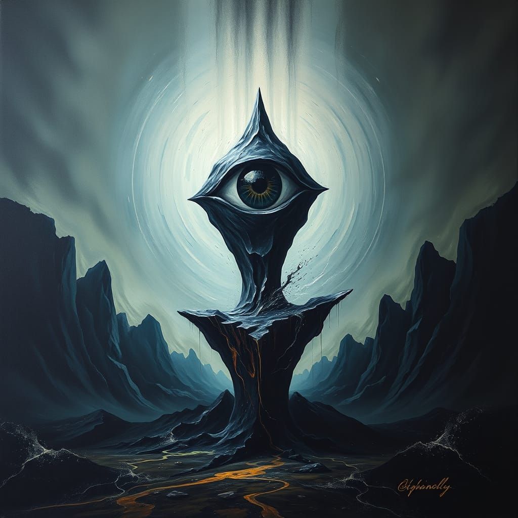 Enormous Floating Obsidian Sculpture in Surreal Landscape