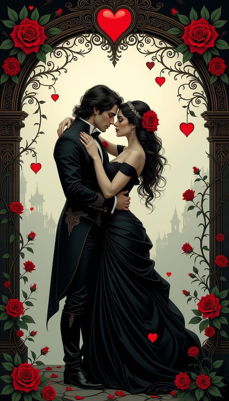 Dark Romantic Lovers in Surreal Ornate Setting