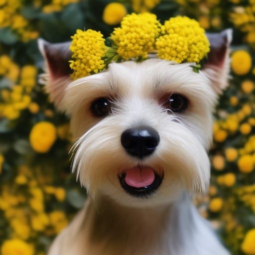 Terrier with Floral Wreath on Glittery Background