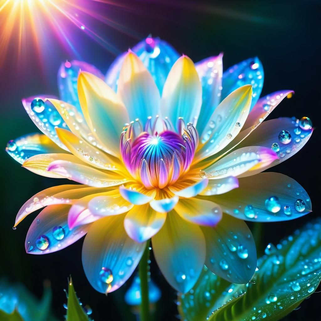 Luminous Magical Flower with Iridescent Dew Drops