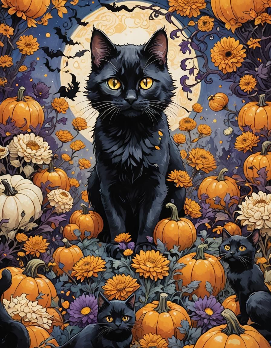 Vintage Halloween Kitty with Mums in Ink Art Style