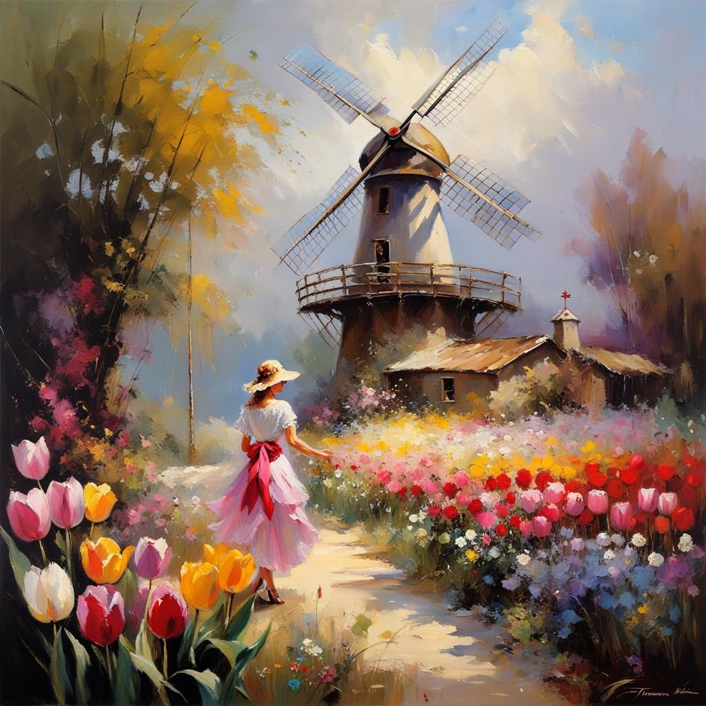 Elegant Tulips in Shabby Chic Oil Painting