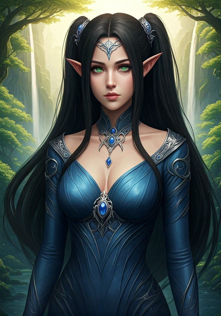 Elegant Elfess in Vibrant Forest Landscape