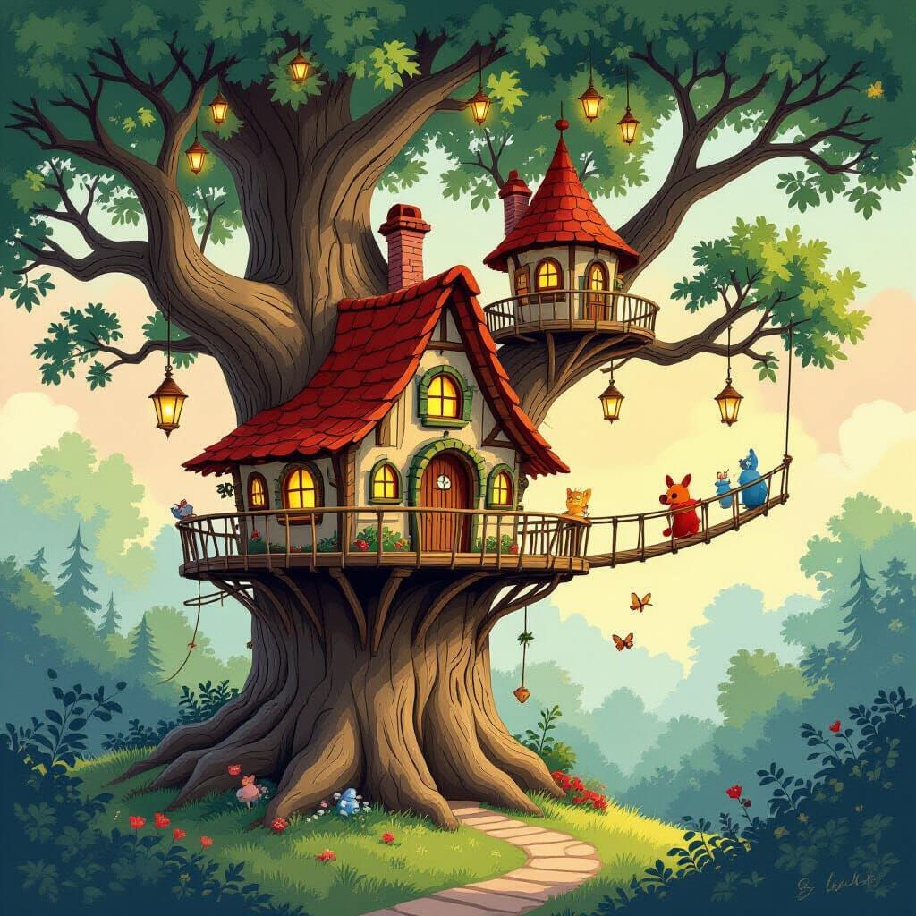 Enchanting Treehouse Village with Fantastical Creatures