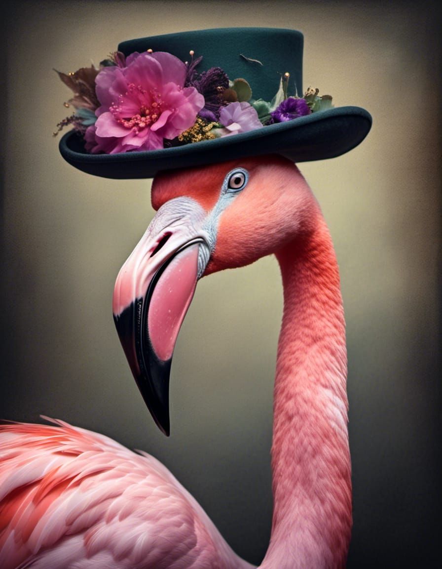 Whimsical Flamingo Portrait with Victorian Hat