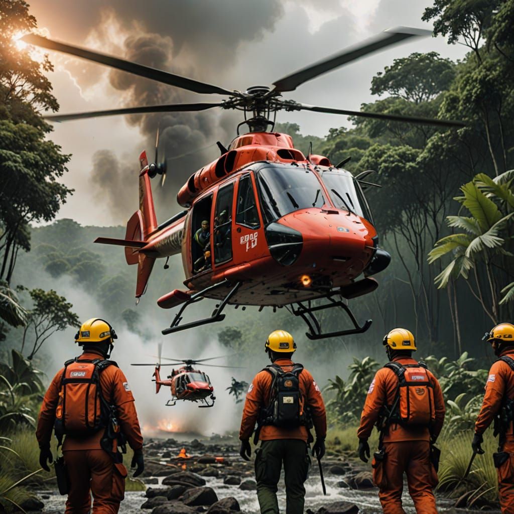 Helicopter Rescue Over Jungle Swamp in Cinematic Photo