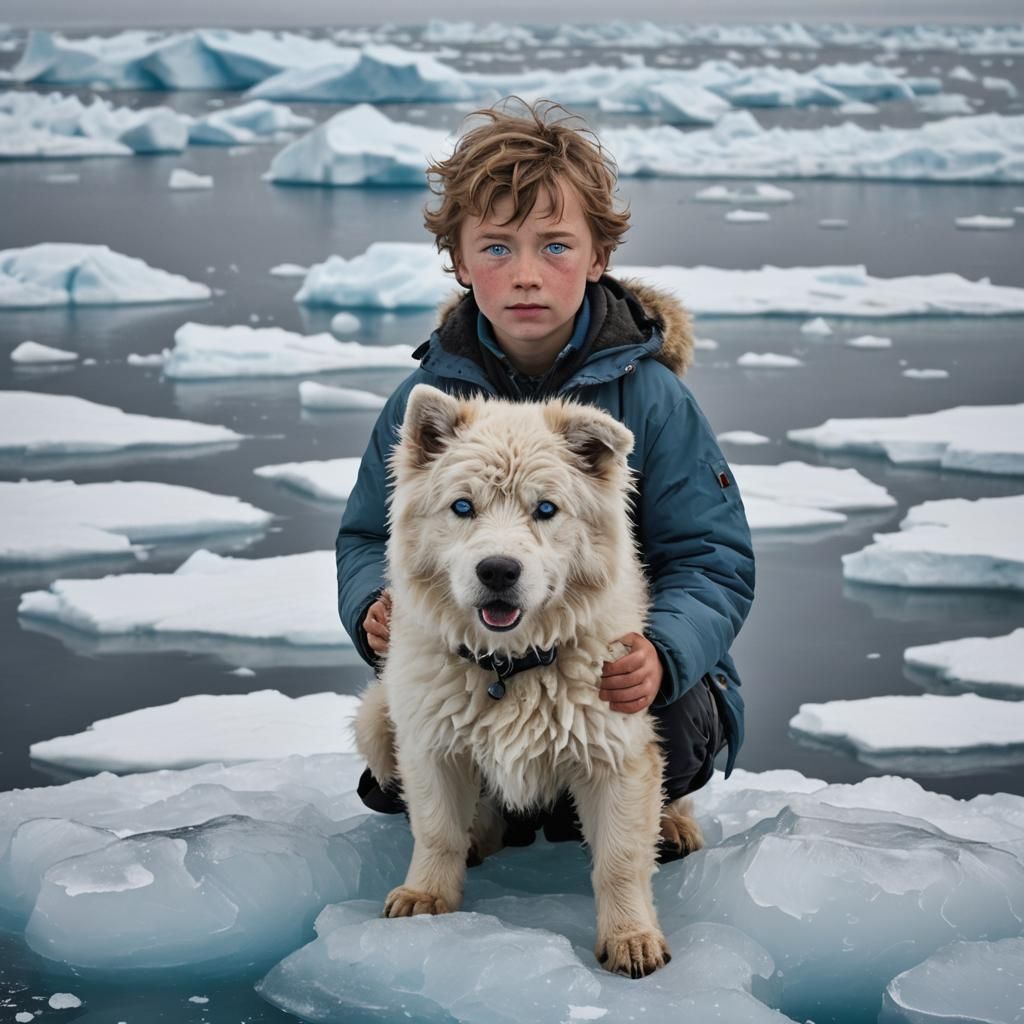 Boy and Dog on Arctic Ice Floe, Digital Art