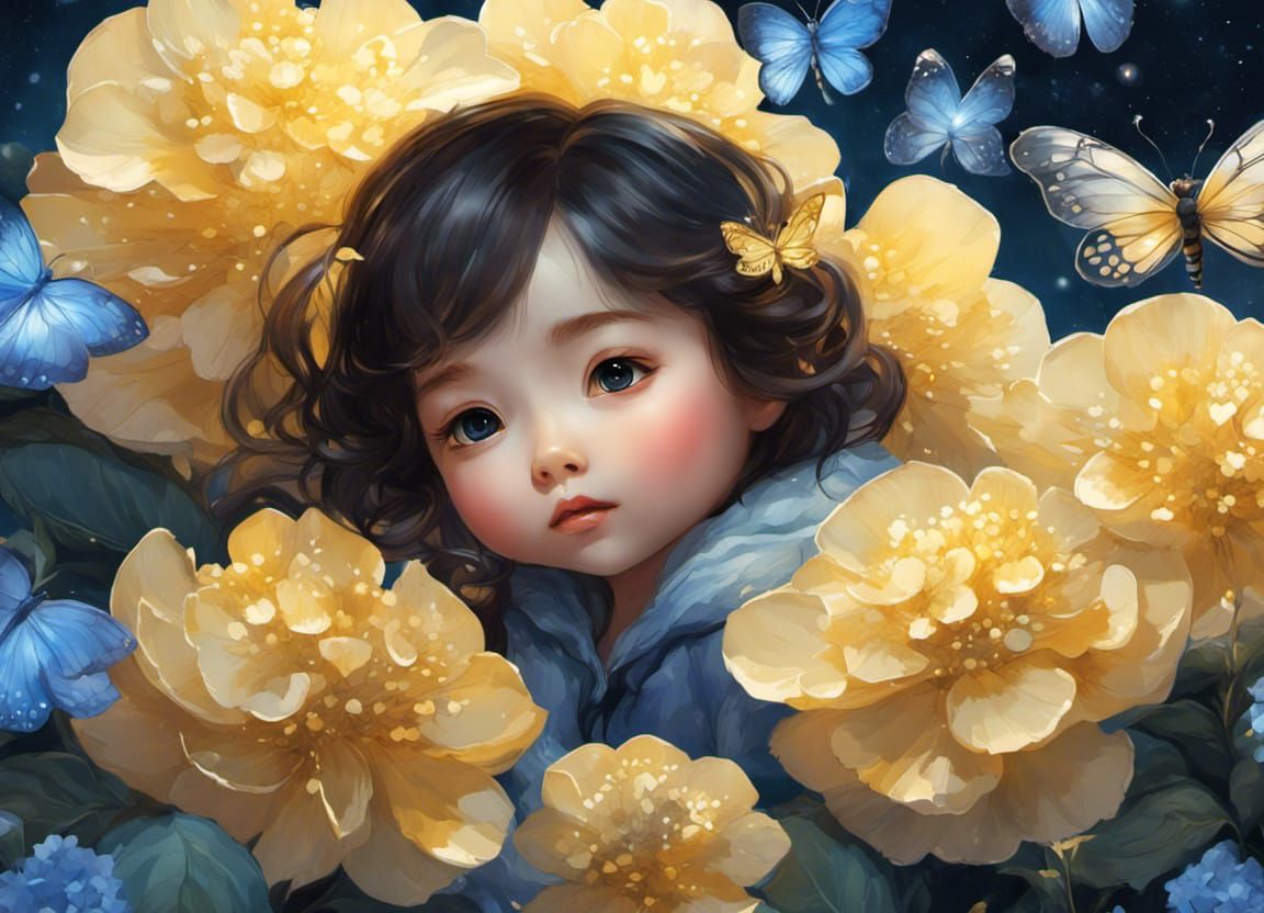 Chibi Bee Constellation on Bioluminescent Hydrangea Garden