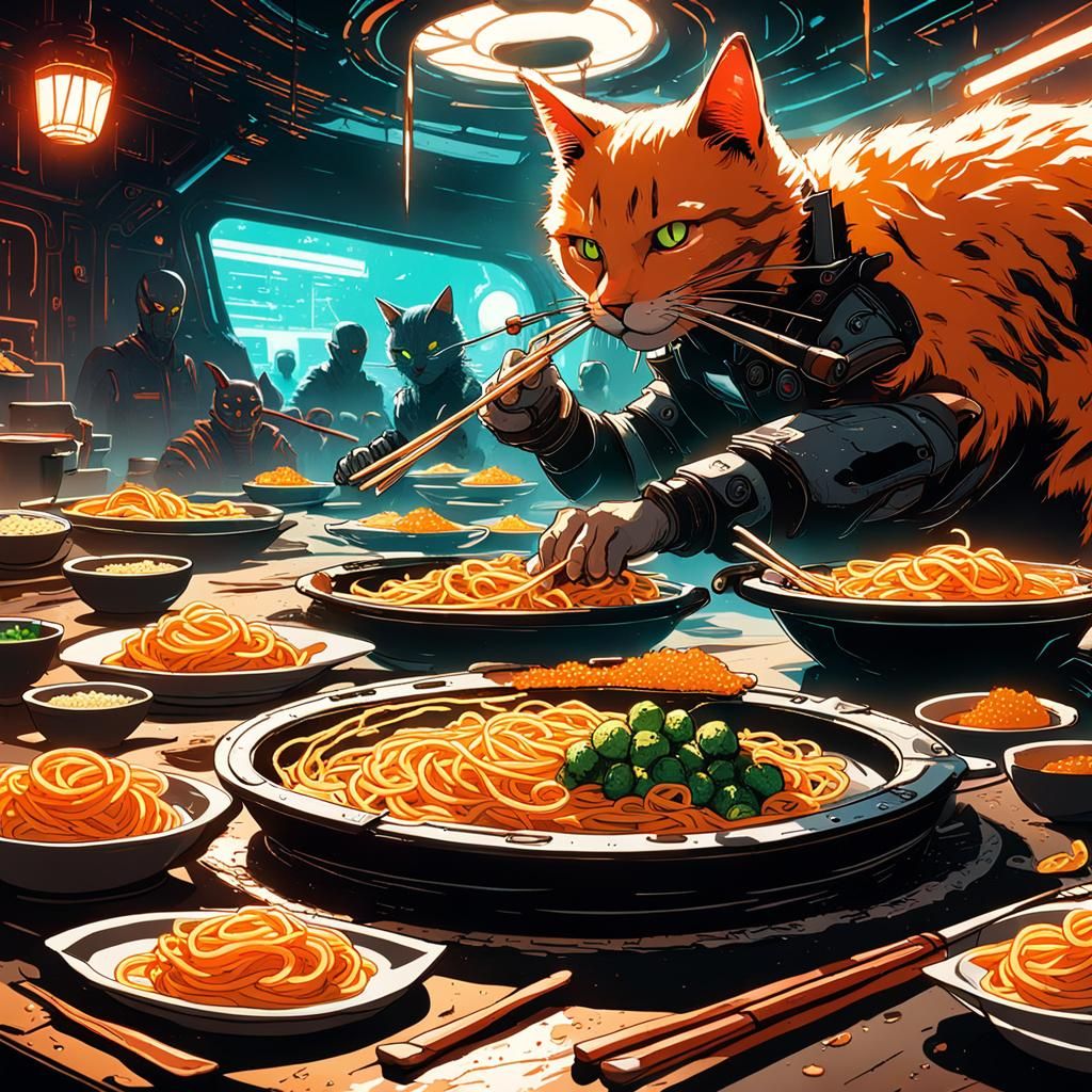 Cyberpunk Cat and Androids Enjoying Pasta