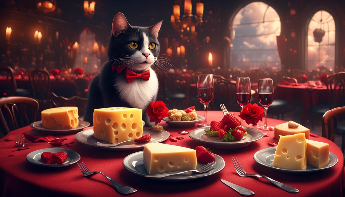 Black Cat at Valentine Dinner in Detailed Digital Art