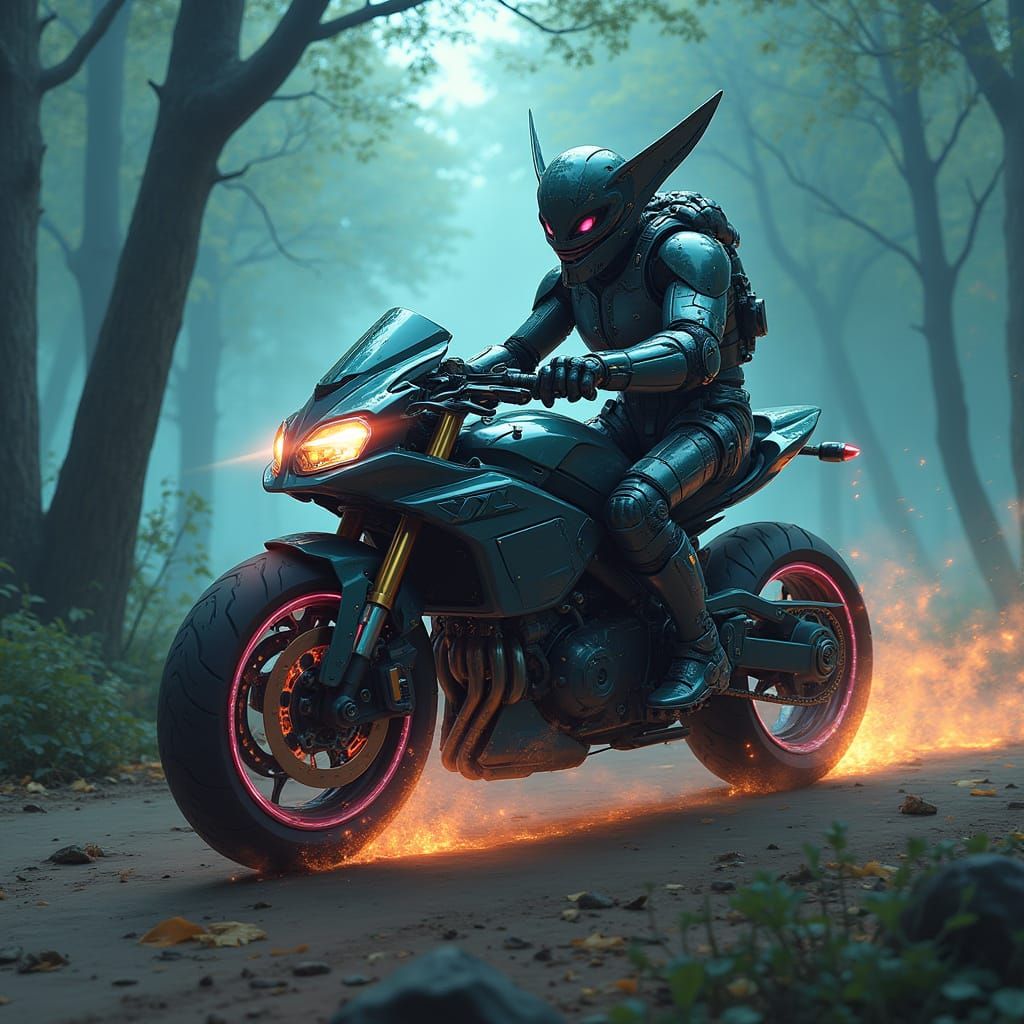 Futuristic Creature Rides Motorcycle Through Misty Forest