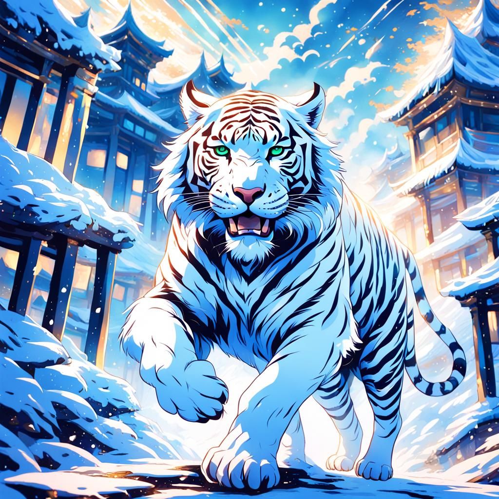 Majestic White Tiger Leaping, Anime Digital Art