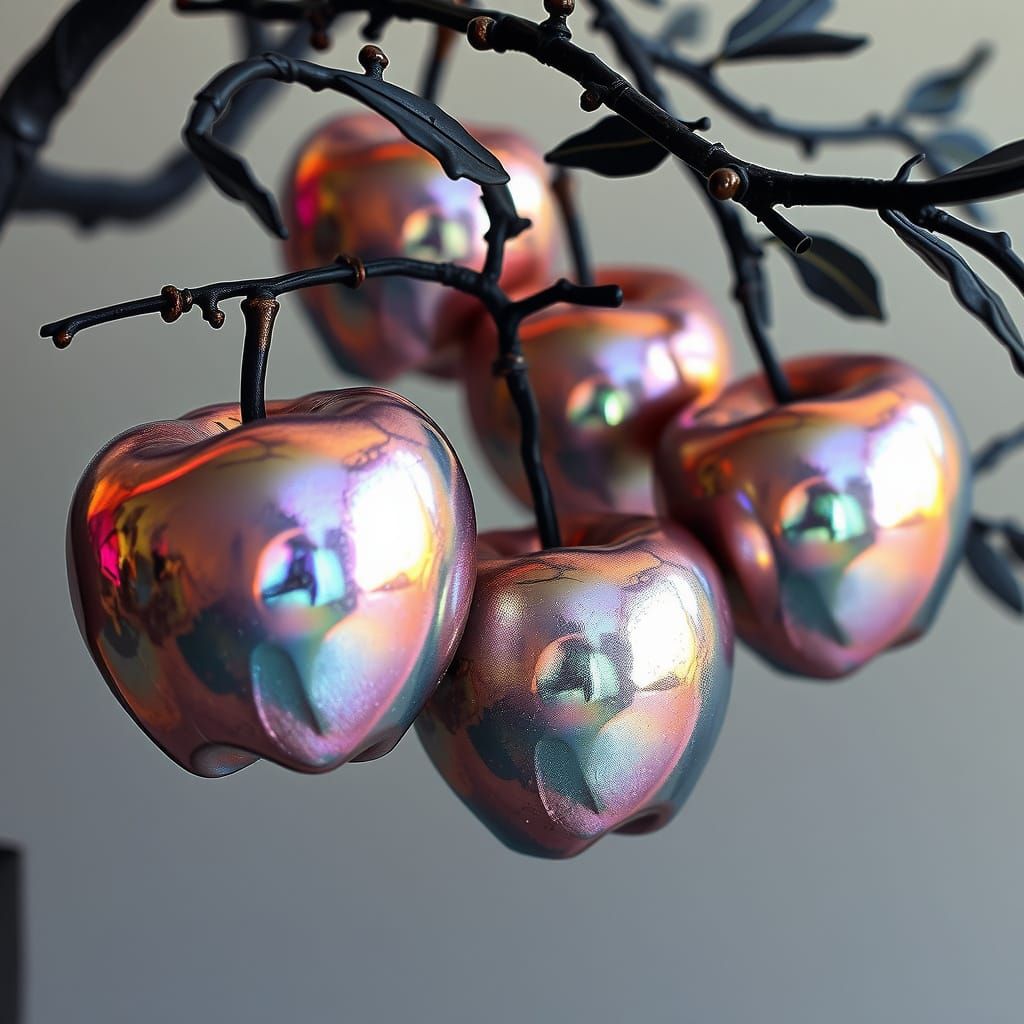 Iridescent Chrome Apples on Gun-Metal Black Tree