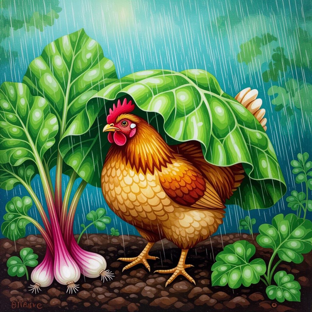 Chicken Sheltering Under Rhubarb Leaf: Fairytale Illustratio...