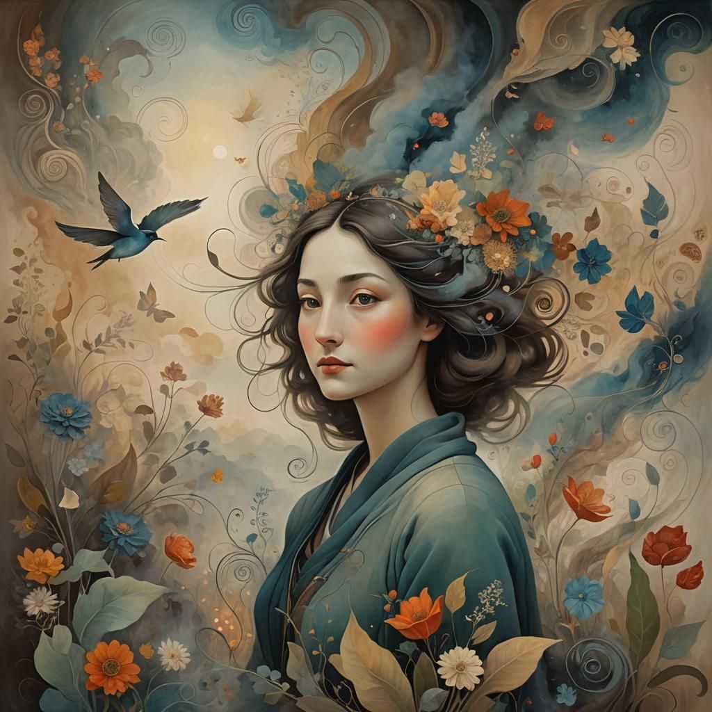Ethereal Woman in Dreamlike Floral Surrealism