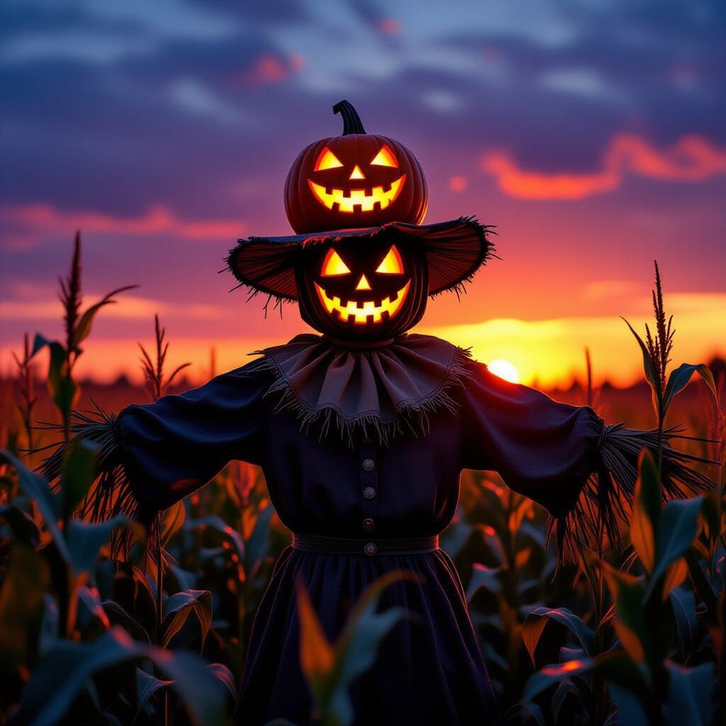 Scarecrow With Pumpkin Head in Cornfield at Dusk