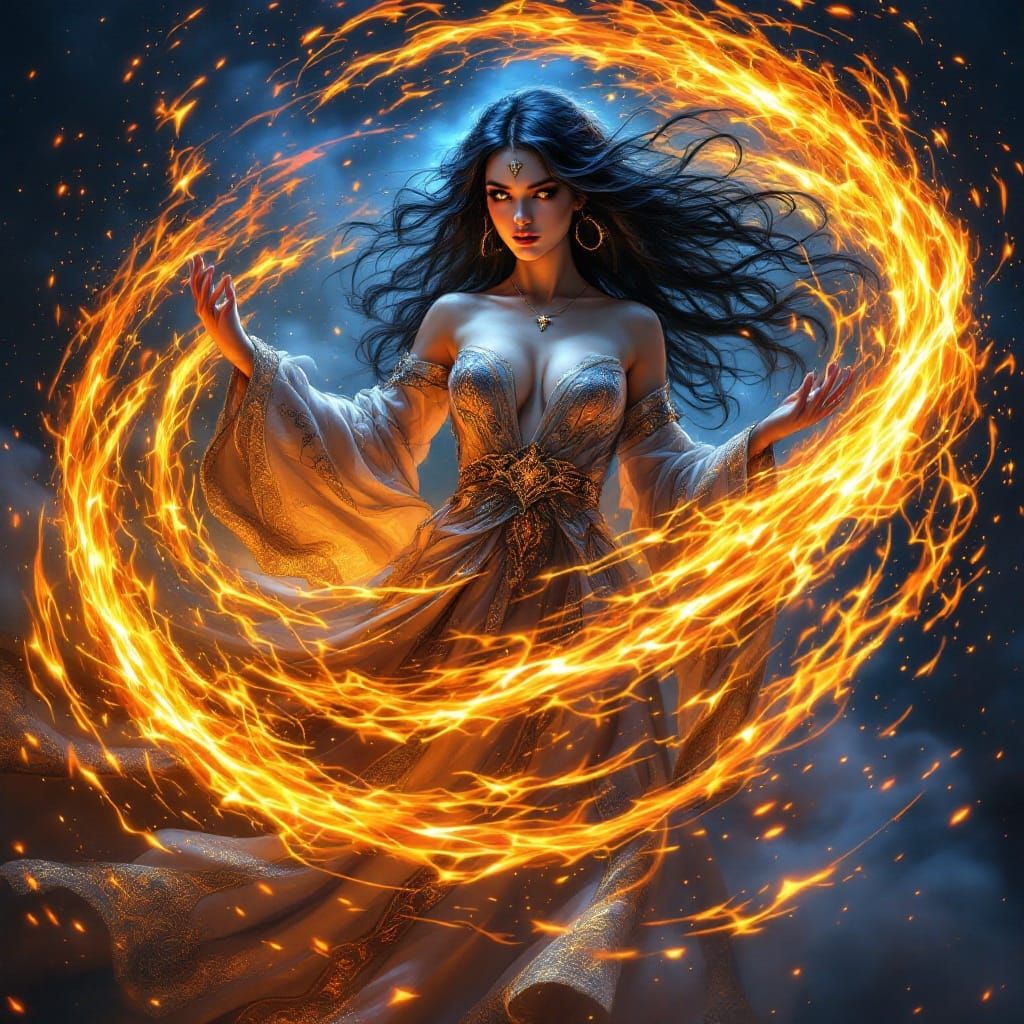 Mystical Sorceress Conjures Fiery Barrier in Intricate Robe