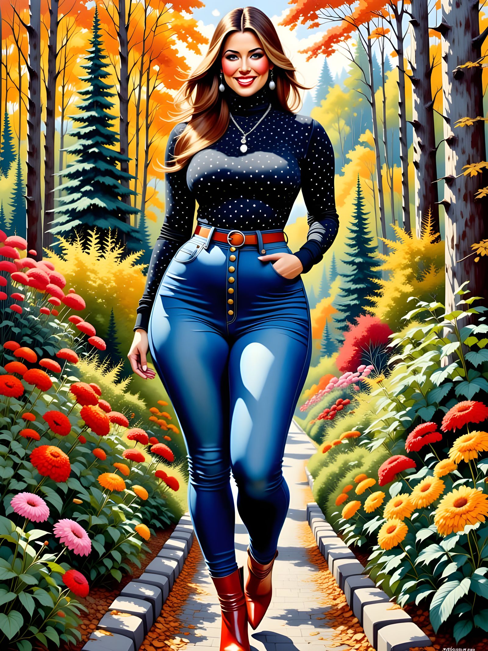 Elegant Woman in Garden, Detailed Oil Painting