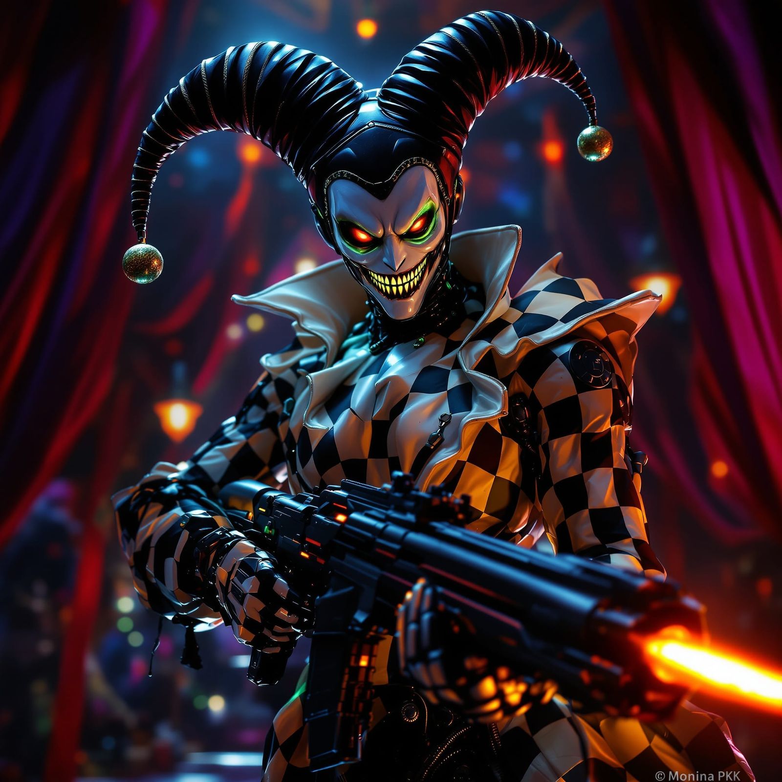 Sinister Cyberpunk Jester with Plasma Rifle