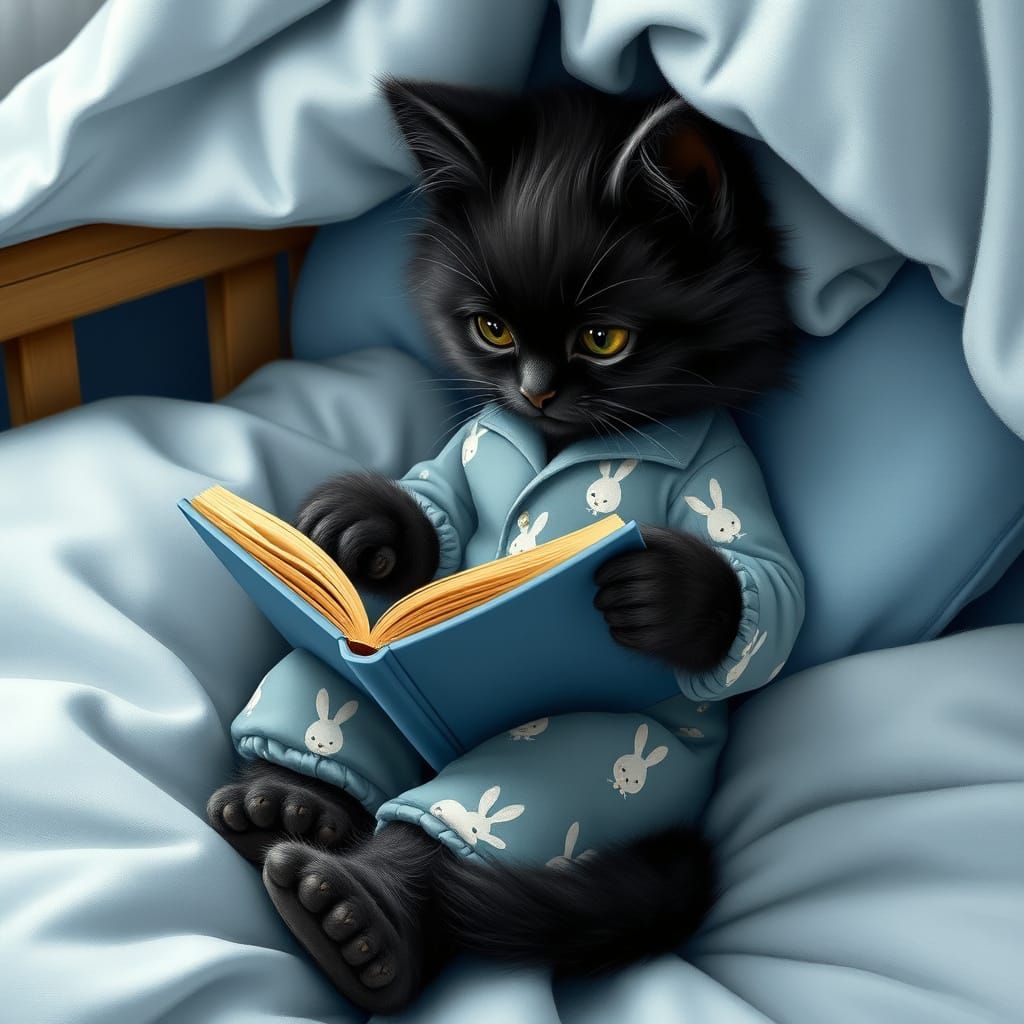 Whimsical Kitten Reads in Cozy Bed