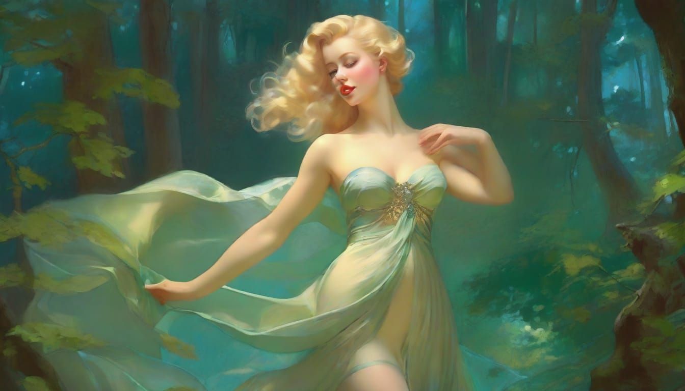 Ethereal Pin-up Goddess in Moonlit Forest
