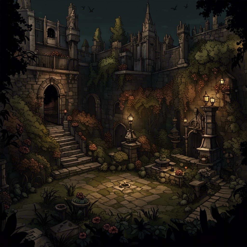 Darkest Dungeon Style Hedonistic Garden Scene