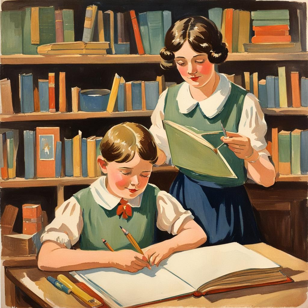 Female Teacher in 1920s Children's Book Style