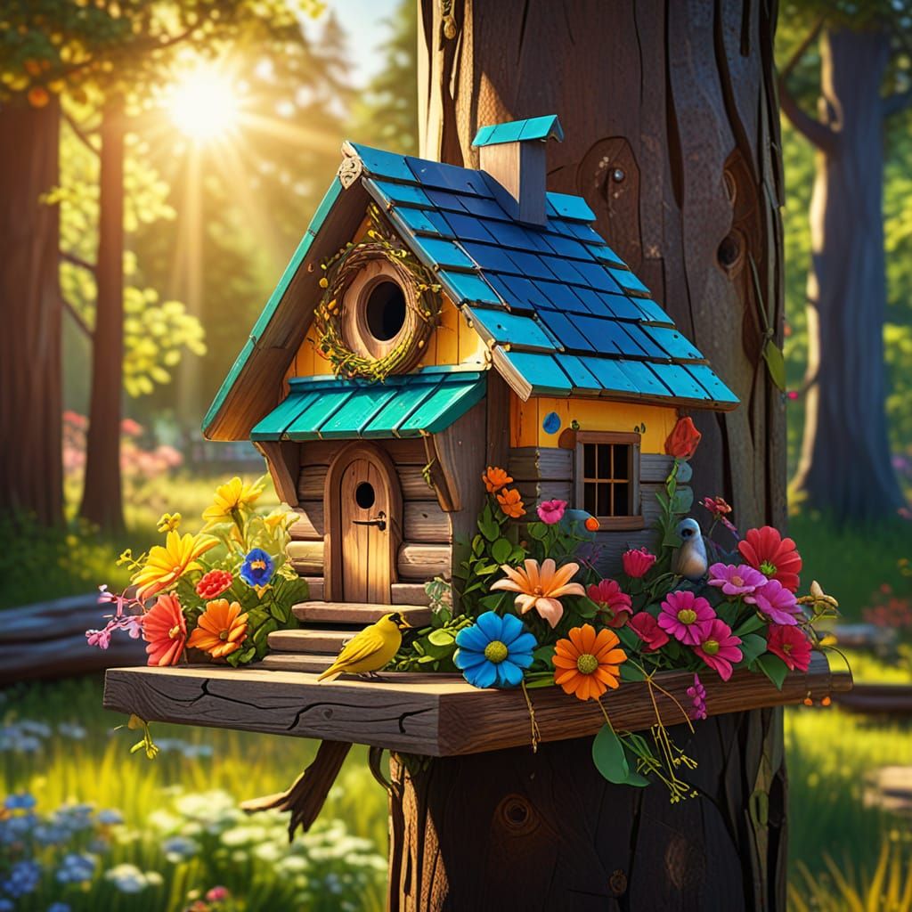 Solarpunk Birdhouse with Geometric Dome and Vines