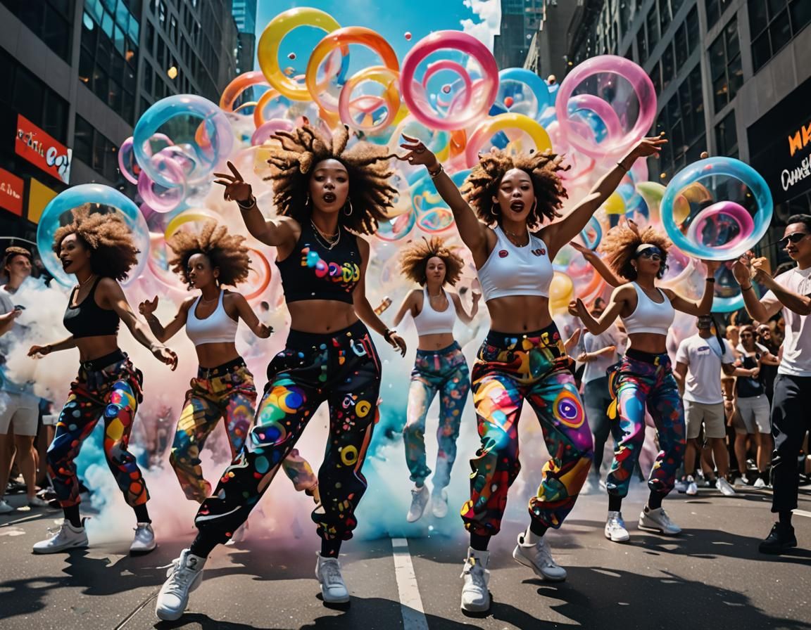 Dynamic Street Dancers on Fifth Avenue in Murakami Style