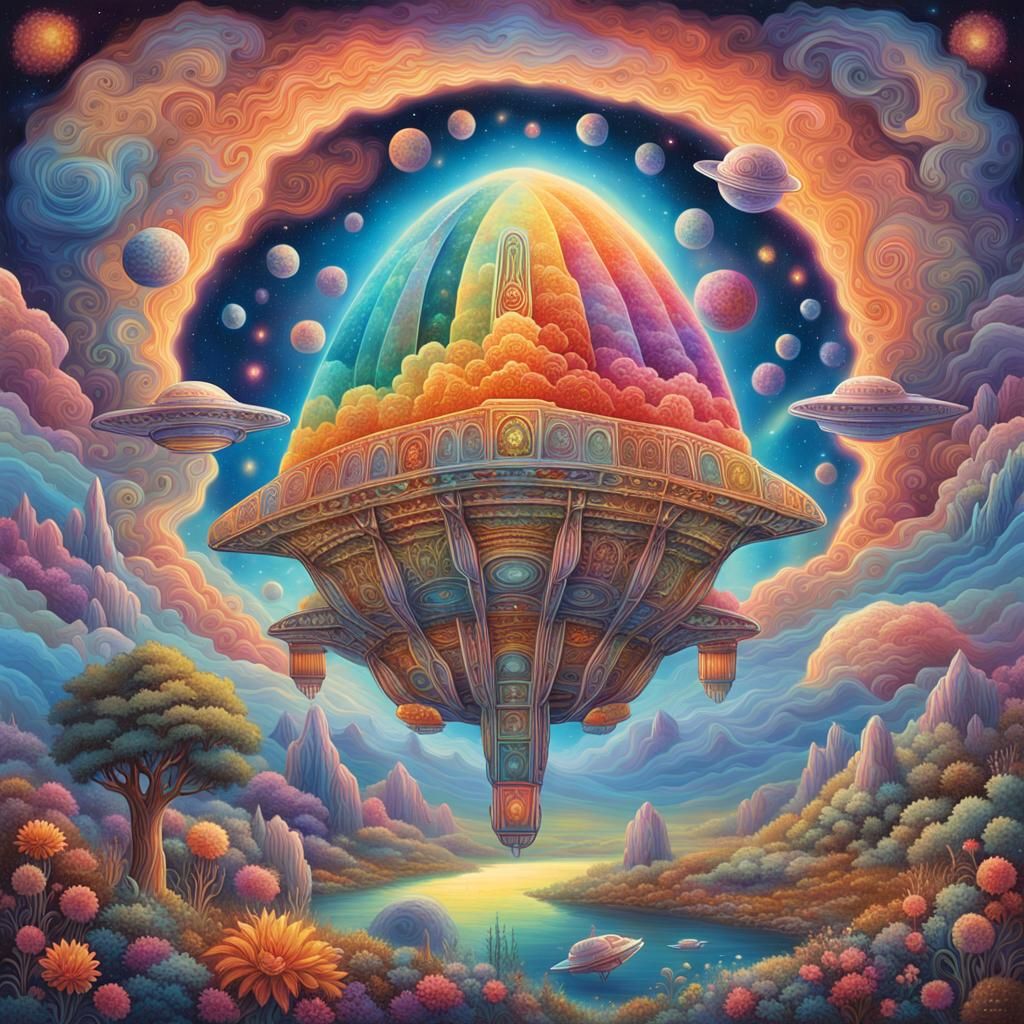 Astral Beings Gather Around Cosmic Popsicle Spaceship