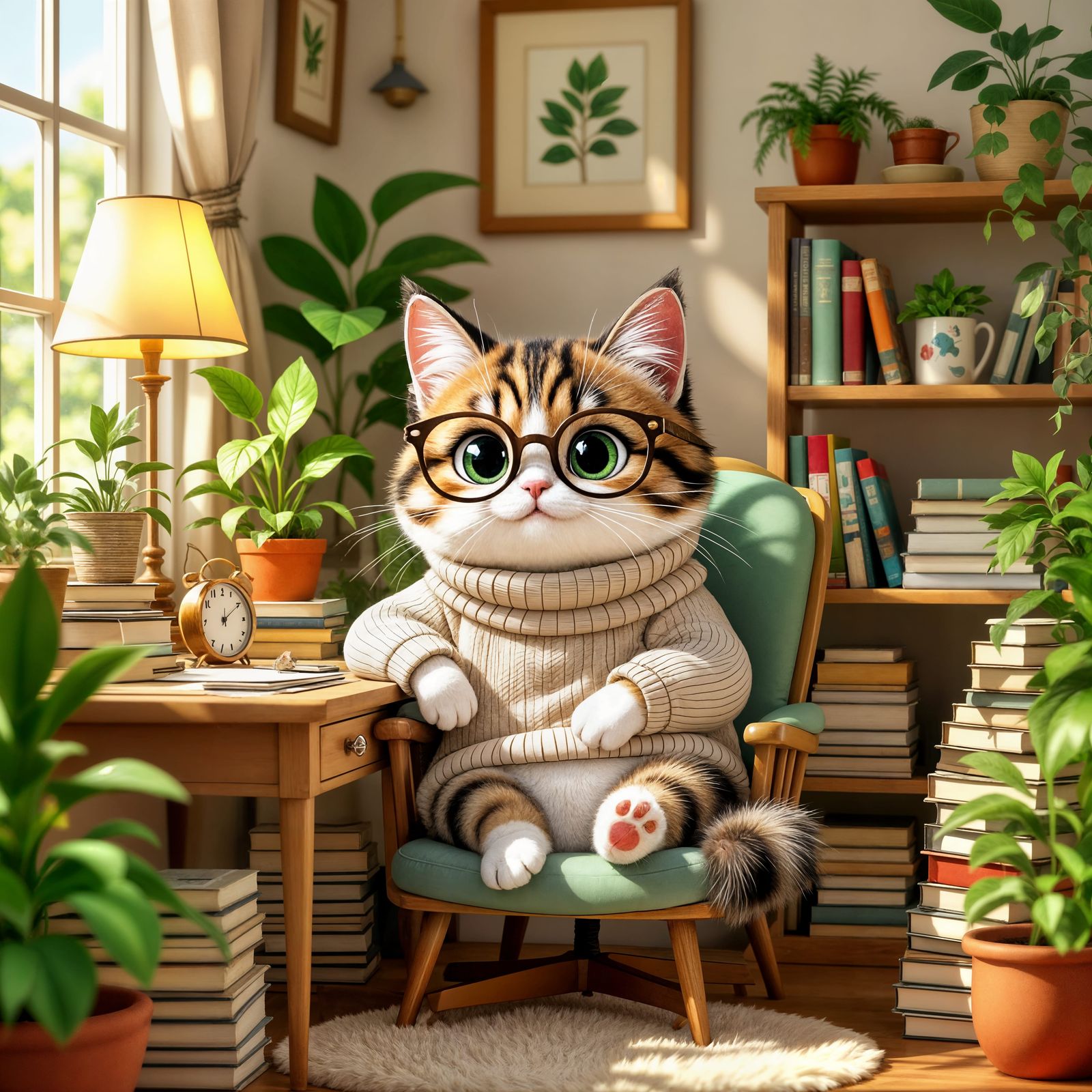Anthropomorphic Cat Relaxing in Cozy Workspace