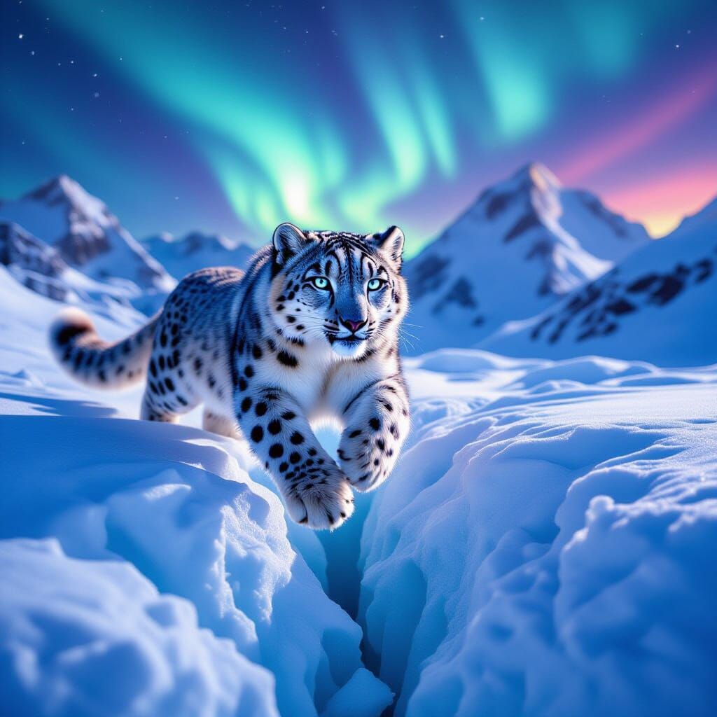 Snow Leopard's Kinetic Leap in Hyperreal Dawn