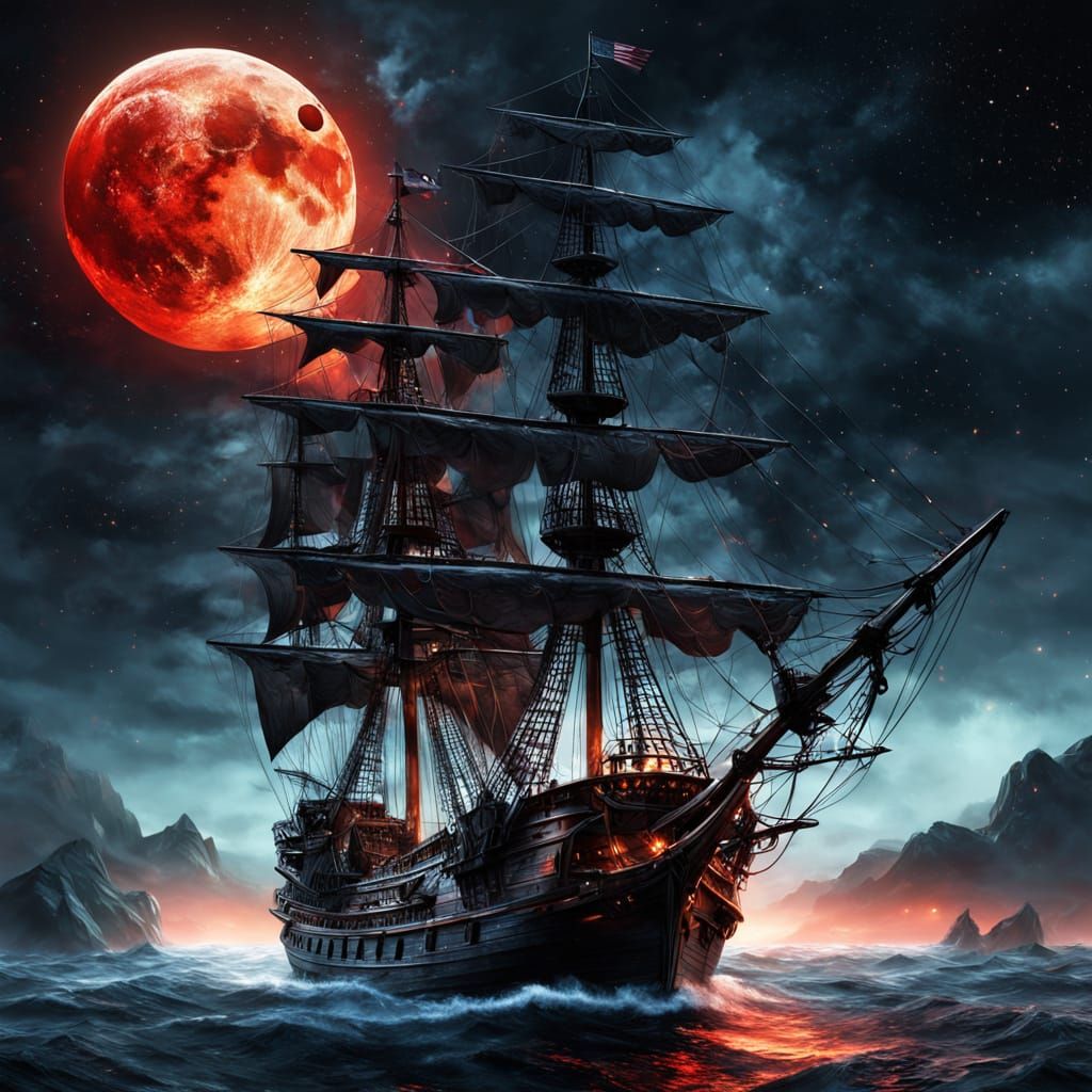 Pirate Ship Sails Galaxy Under Red Moon