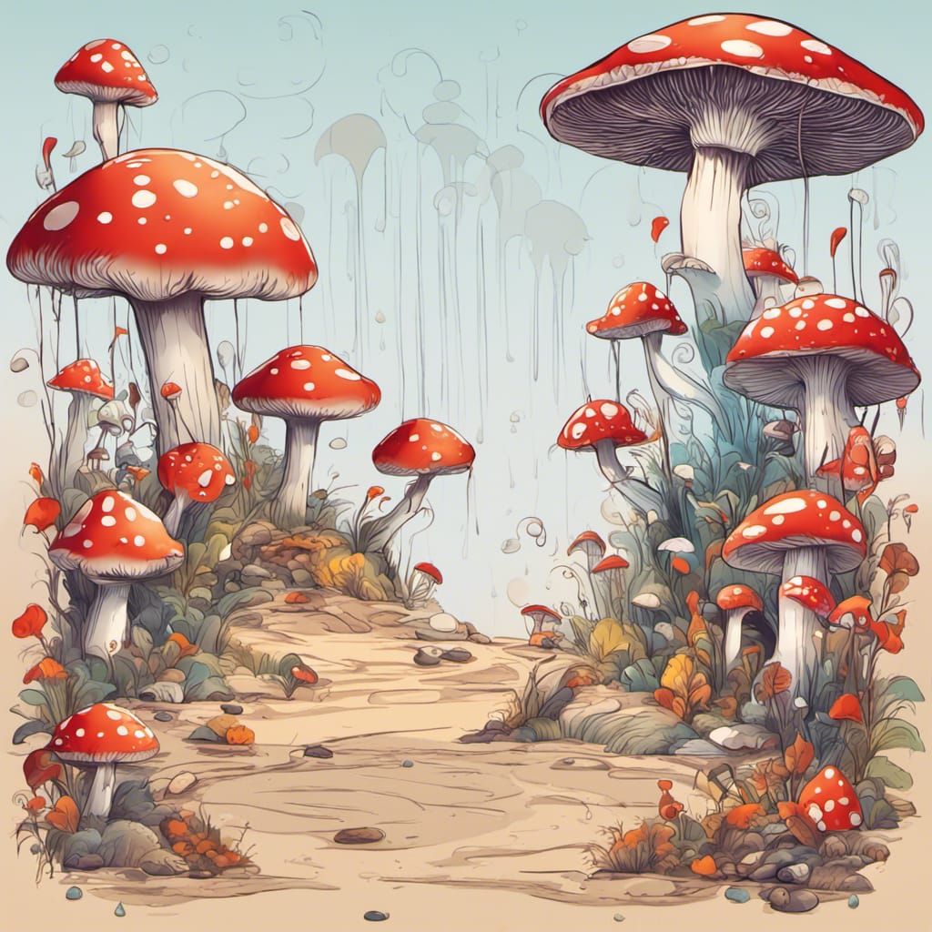Fairies Under Mushroom Shelters in Vintage Vector Art