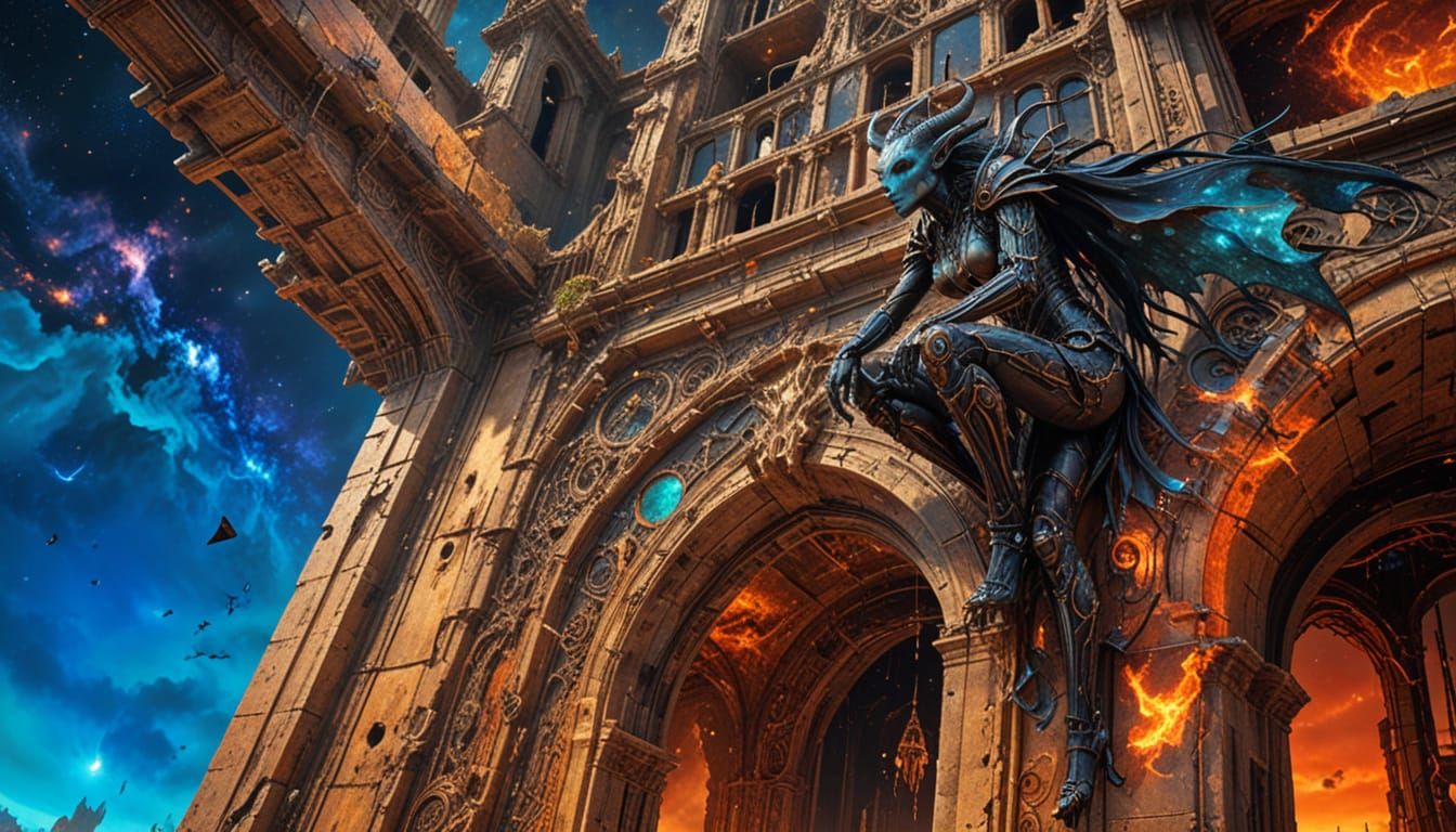 Tiefling Gazes at Cosmic Sky Over Post-Apocalyptic Earth