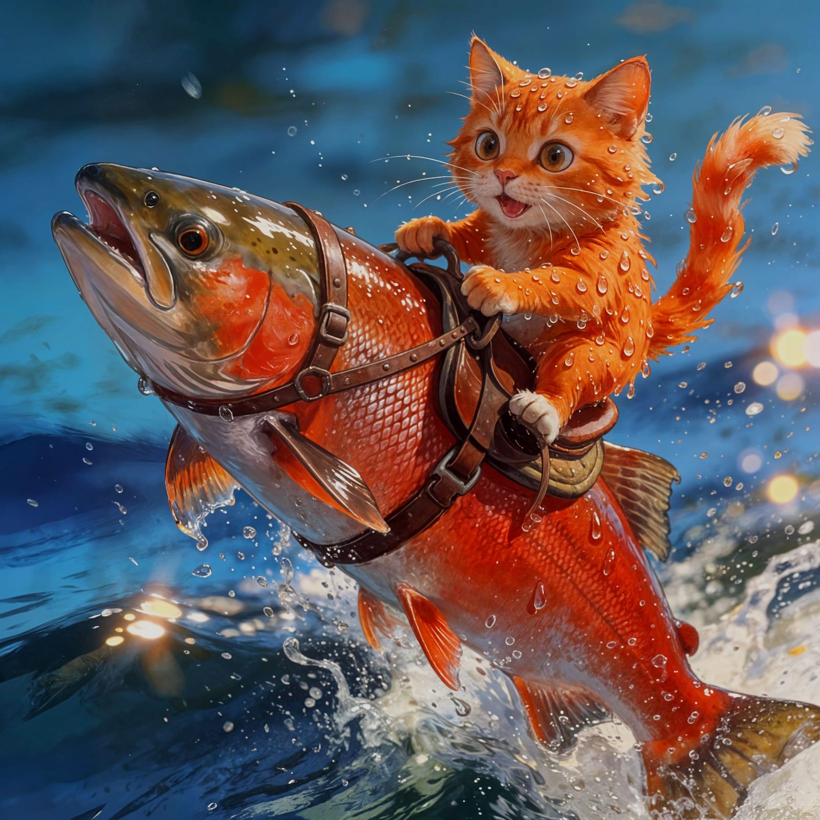 Orange Cat Rides Salmon Leaping From Water