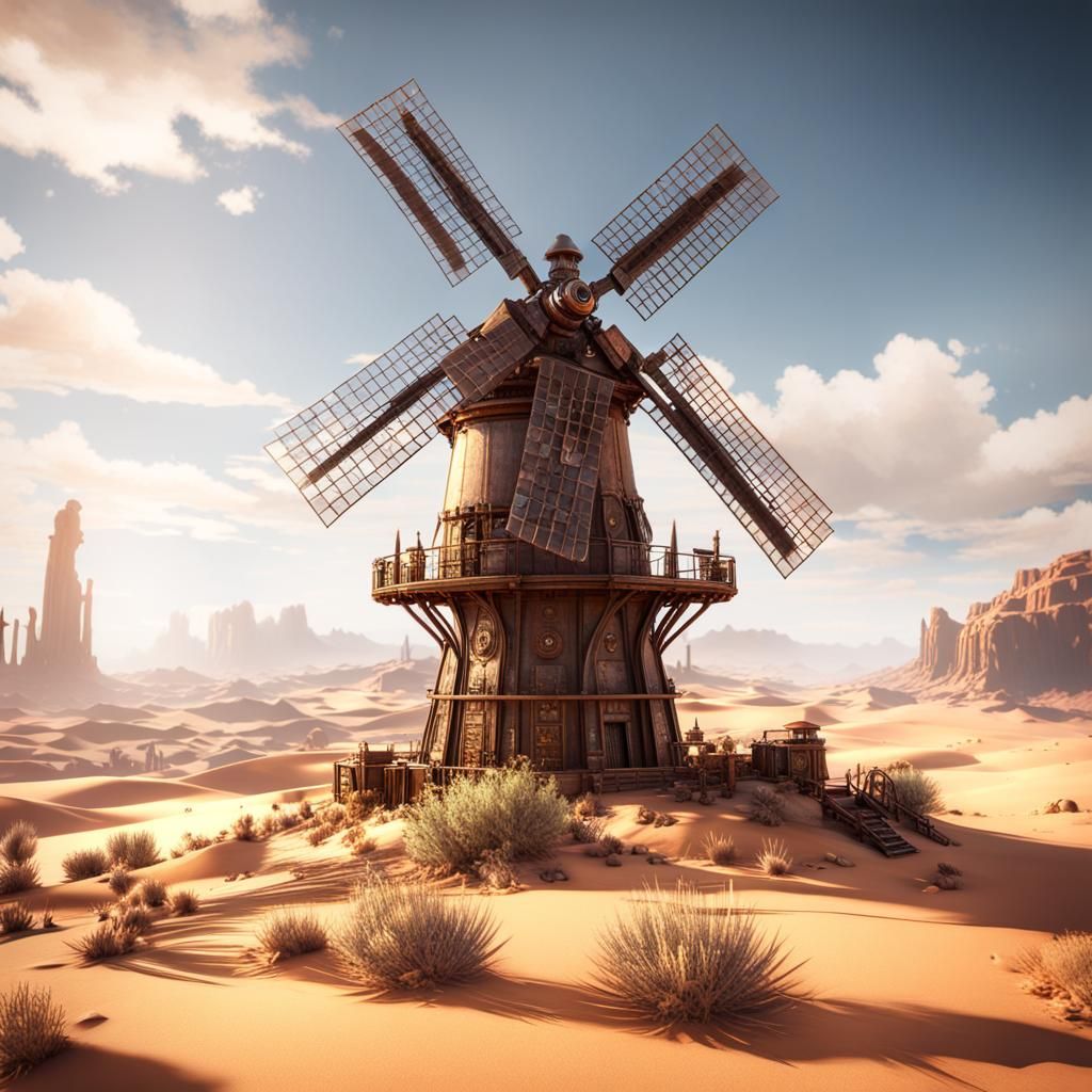 Steampunk Desert Windmill in Cinematic 3D Rendering