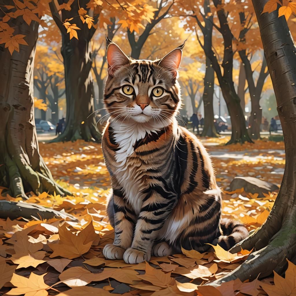 Autumn Tabby Cat in Golden Sunlight: Anime Art