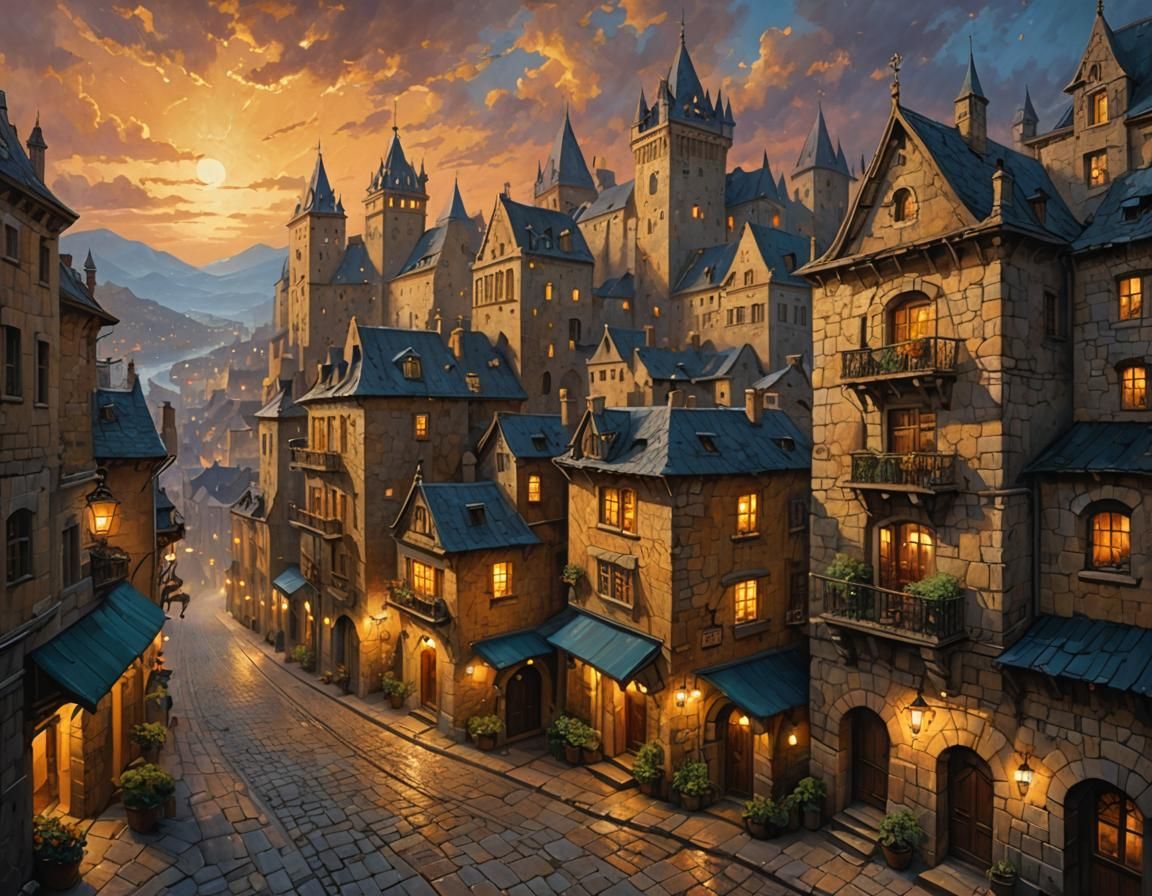 Fantasy Cityscape at Dusk: Oil Painting
