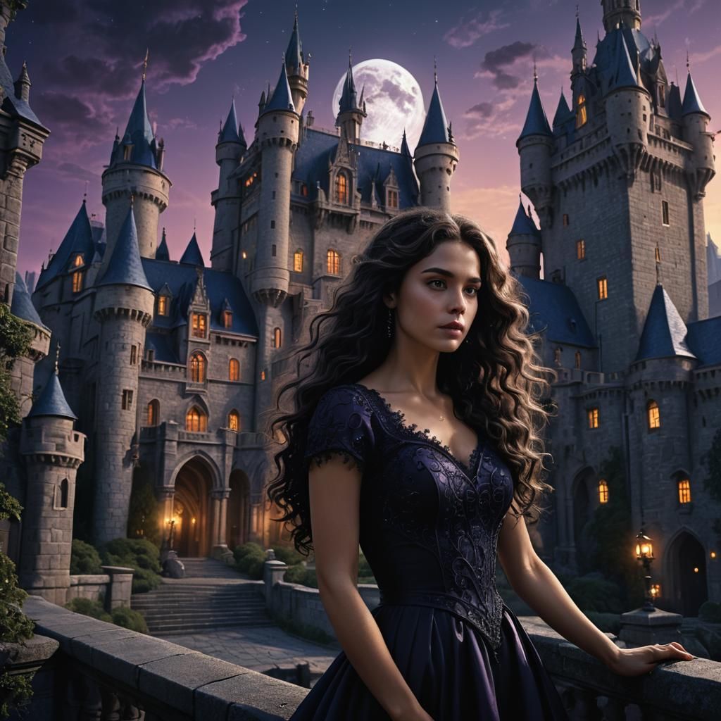 Moonlit Lady in Majestic Castle: A Matte Painting