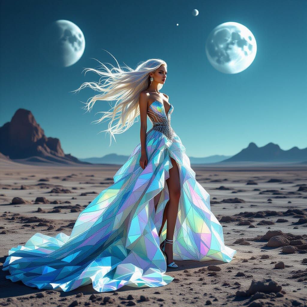 Futuristic Supermodel in Woven Light Gown on Alien Planet